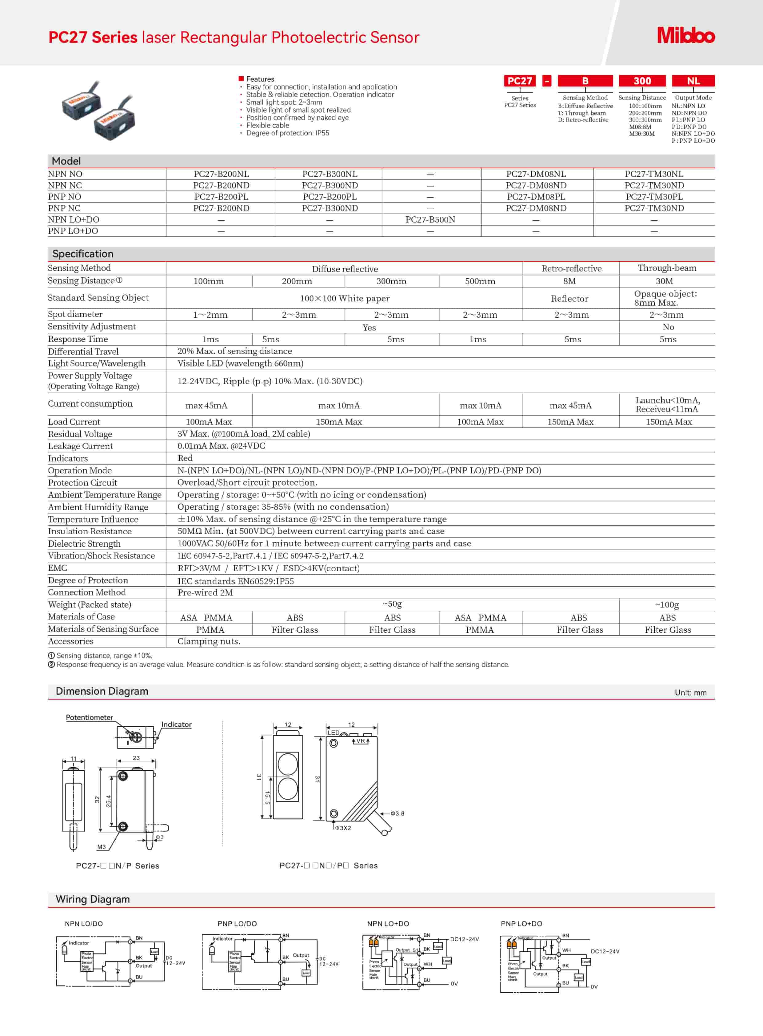 PC27 Series laser Rectangular Photoelectric Sensor